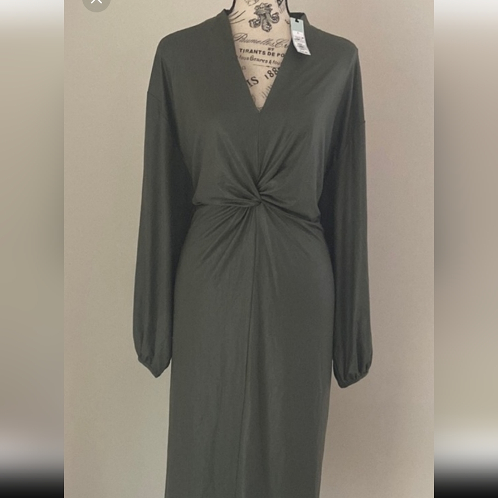 Prologue twist-front stretchy shiny dress olive green sz S